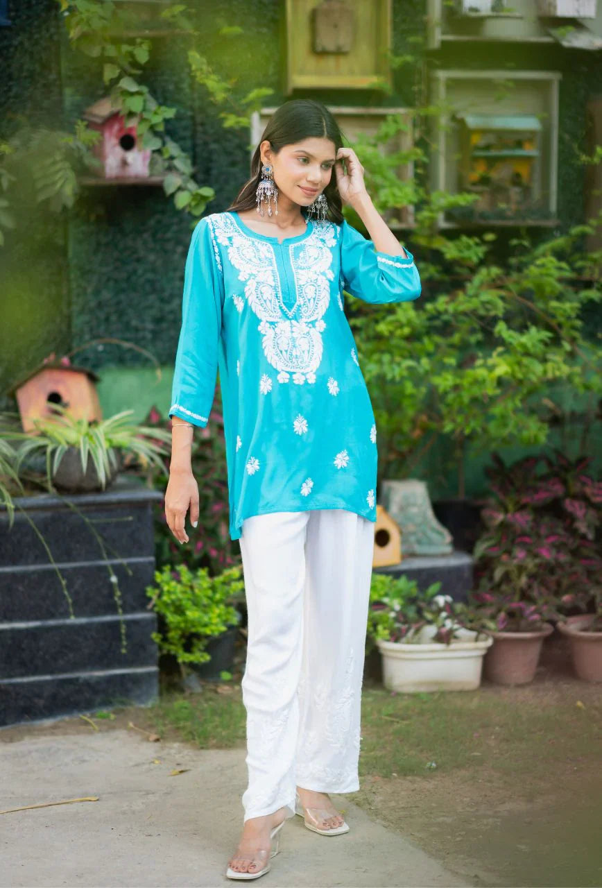 Turquoise-Blue-Cotton-Short-Chikankari-Kurta-Only