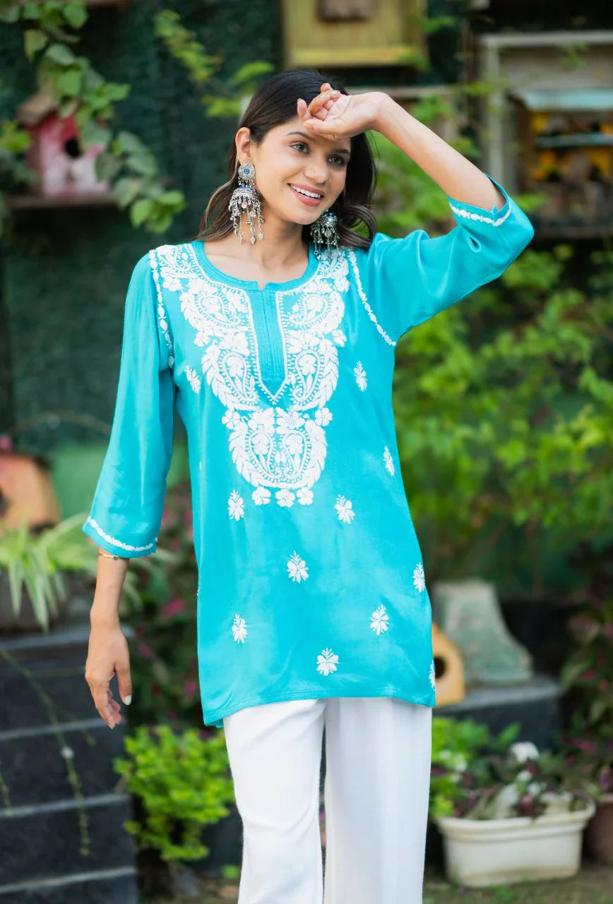 Turquoise-Blue-Cotton-Short-Chikankari-Kurta-Only