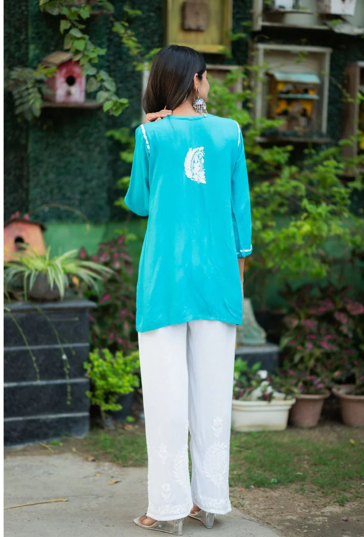 Turquoise-Blue-Cotton-Short-Chikankari-Kurta-Only