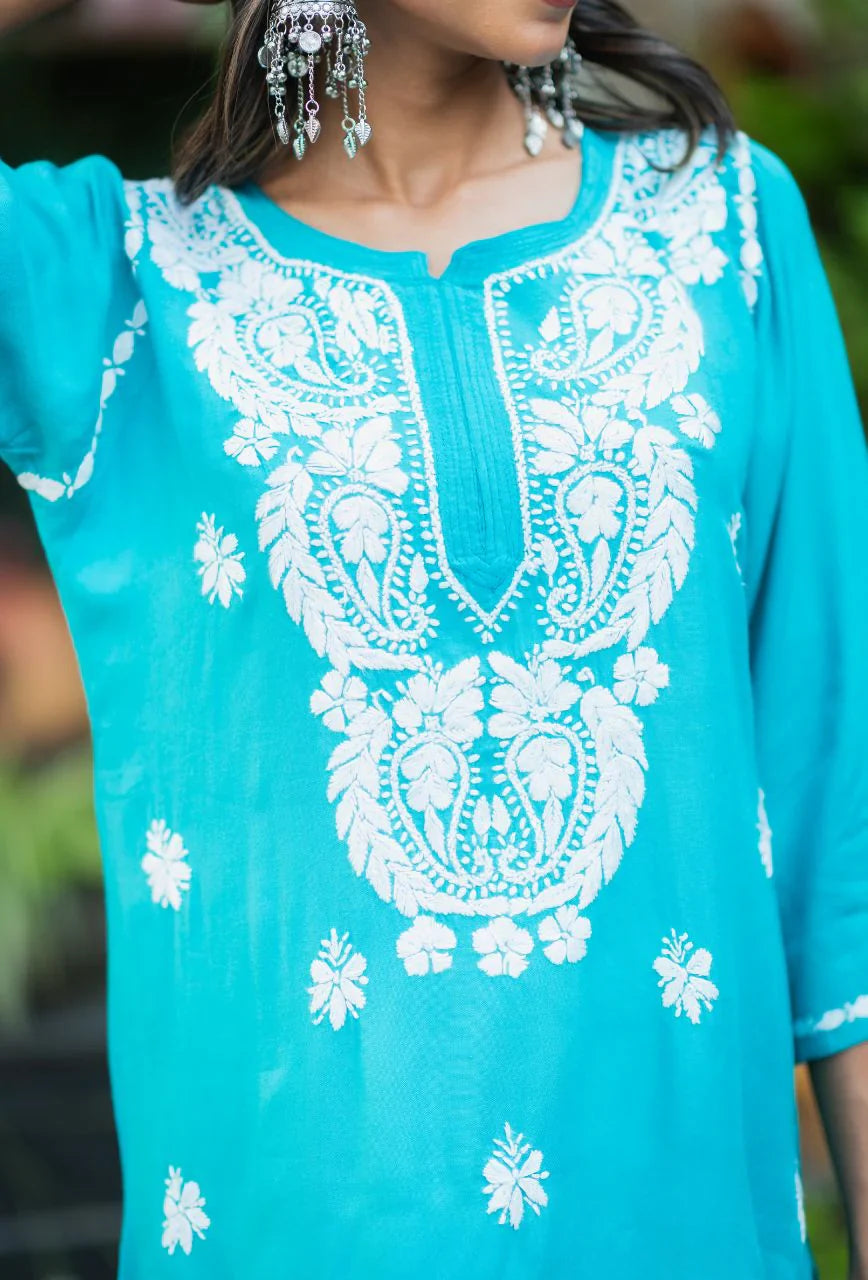 Turquoise-Blue-Cotton-Short-Chikankari-Kurta-Only