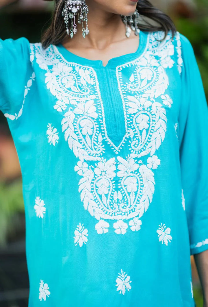 Turquoise-Blue-Cotton-Short-Chikankari-Kurta-Only