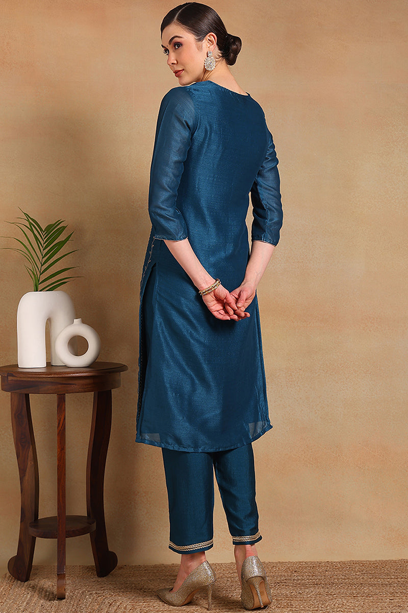 ZERESOUQ-Navy-Blue-Silk-Blend-Solid-Embroidered-Straight-Kurta