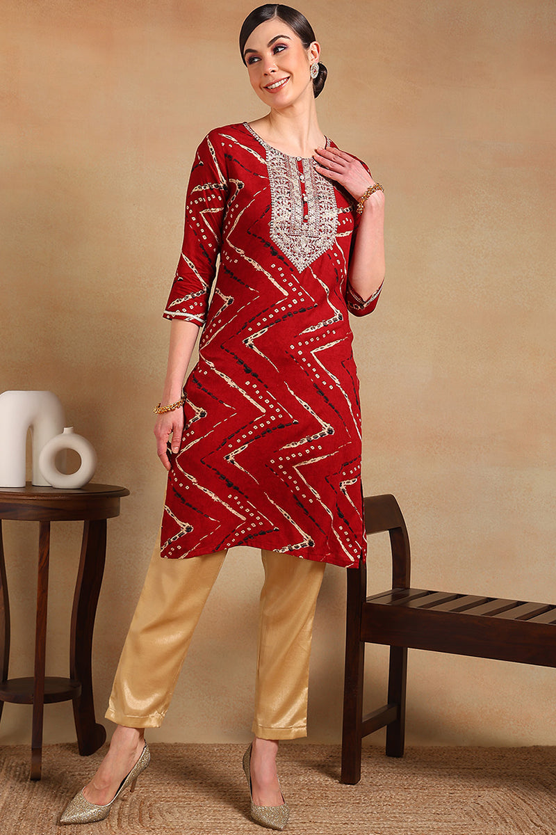 ZERESOUQ-Red-Viscose-Rayon-Chevron-Printed-Straight-Kurta