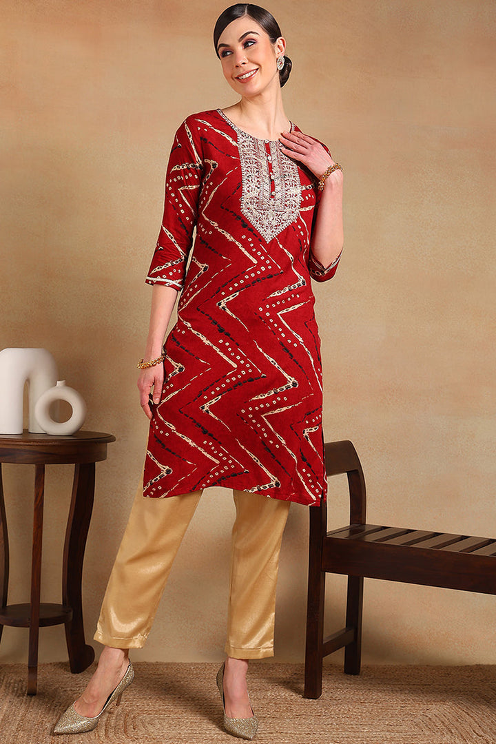 ZERESOUQ-Red-Viscose-Rayon-Chevron-Printed-Straight-Kurta