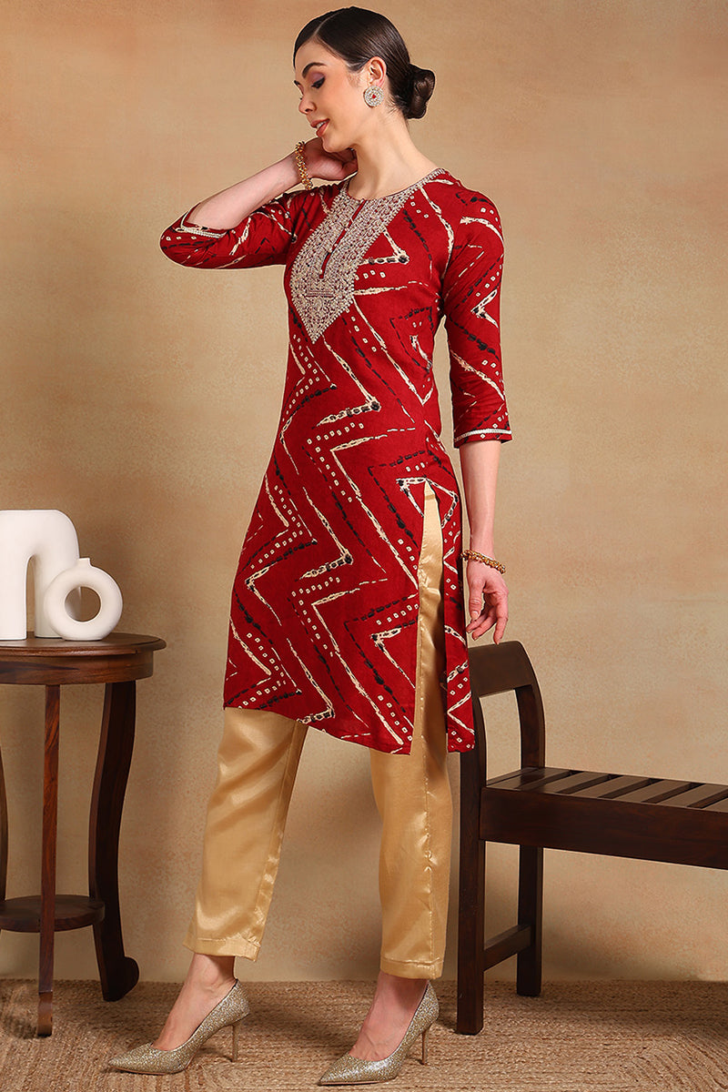 ZERESOUQ-Red-Viscose-Rayon-Chevron-Printed-Straight-Kurta