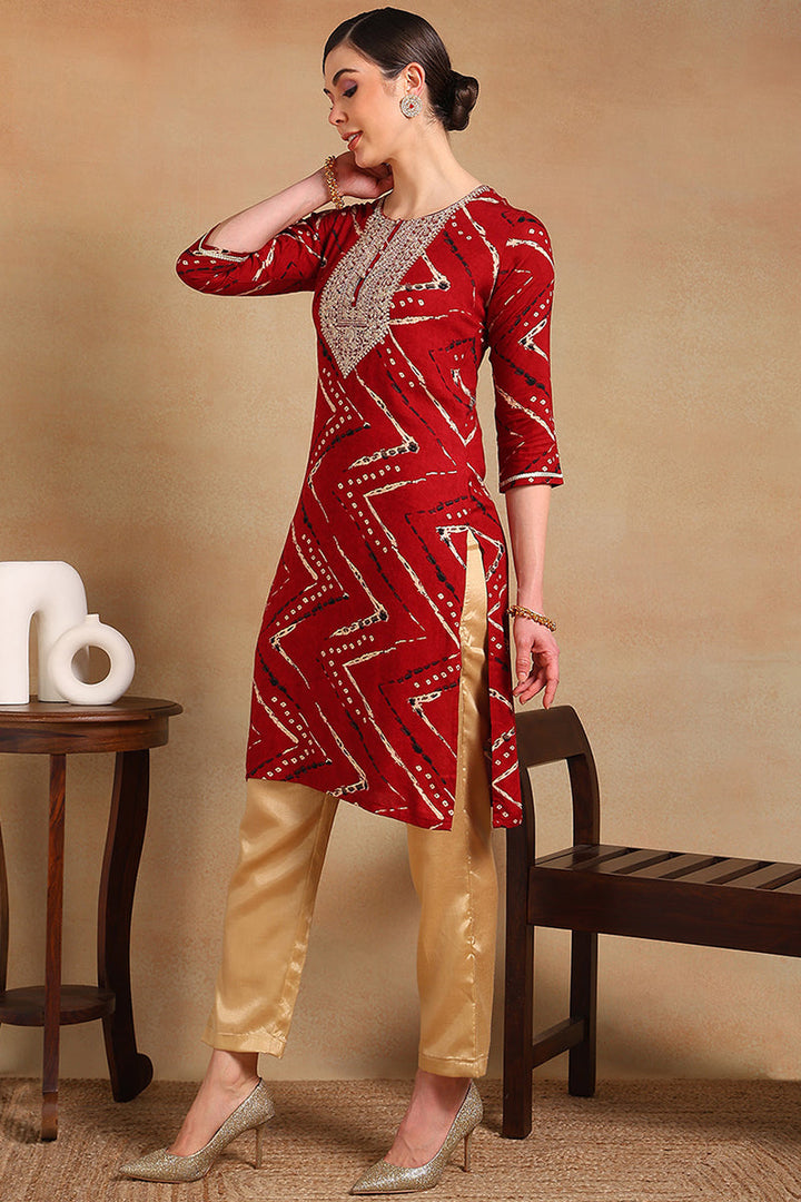 ZERESOUQ-Red-Viscose-Rayon-Chevron-Printed-Straight-Kurta