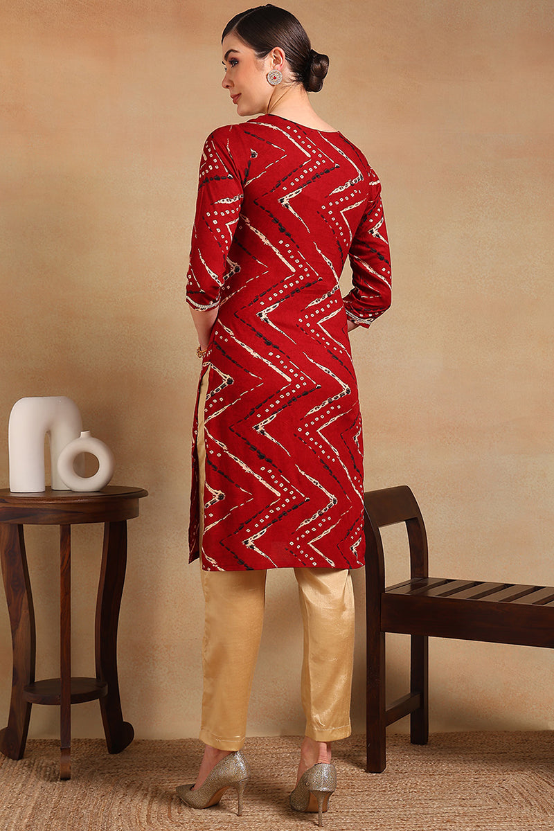 ZERESOUQ-Red-Viscose-Rayon-Chevron-Printed-Straight-Kurta