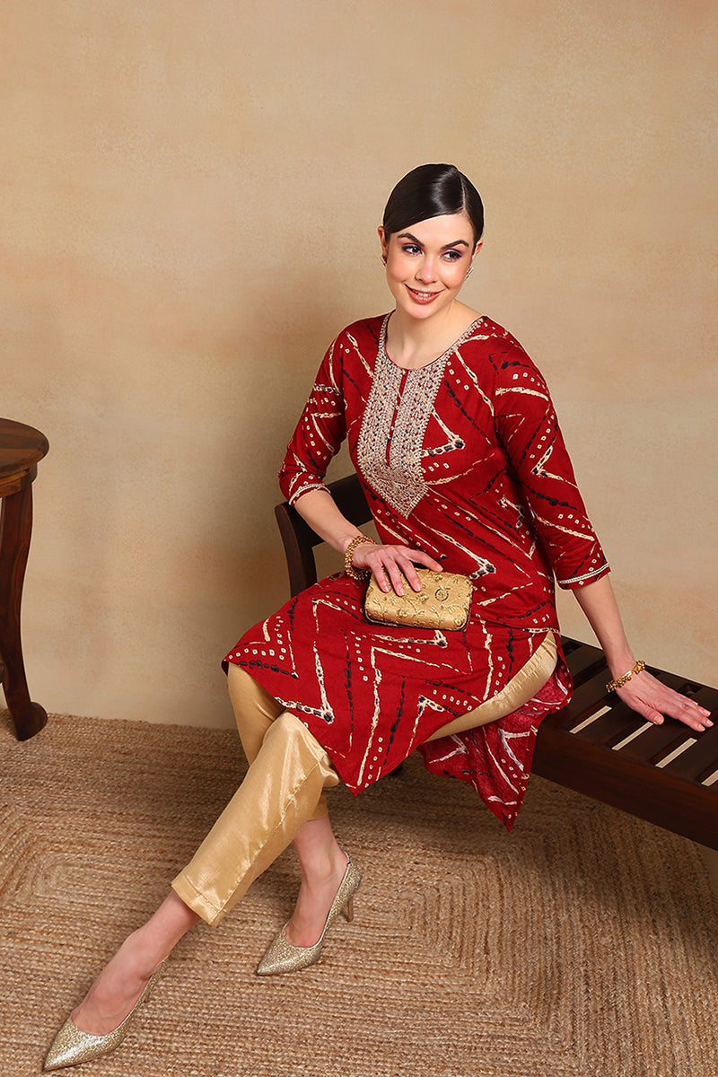 ZERESOUQ-Red-Viscose-Rayon-Chevron-Printed-Straight-Kurta