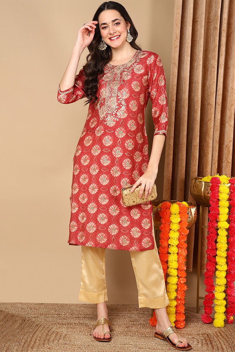 ZERESOUQ-Rust-Red-Silk-Blend-Ethnic-Motifs-Printed-Straight-Kurta