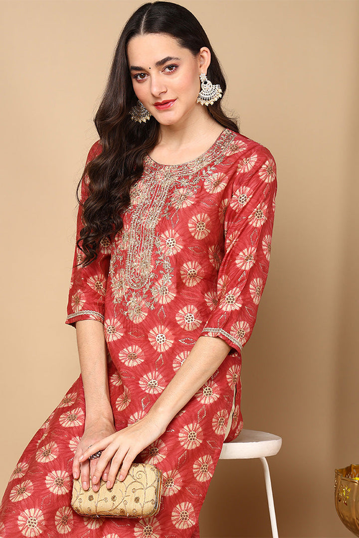 ZERESOUQ-Rust-Red-Silk-Blend-Ethnic-Motifs-Printed-Straight-Kurta