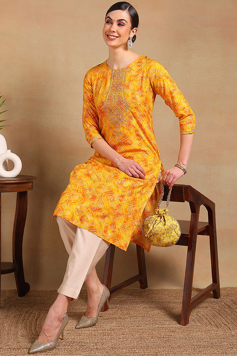 ZERESOUQ-Yellow-Viscose-Rayon-Bandhani-Printed-Straight-Kurta