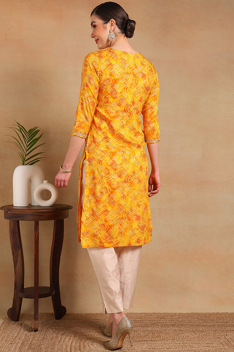 ZERESOUQ-Yellow-Viscose-Rayon-Bandhani-Printed-Straight-Kurta