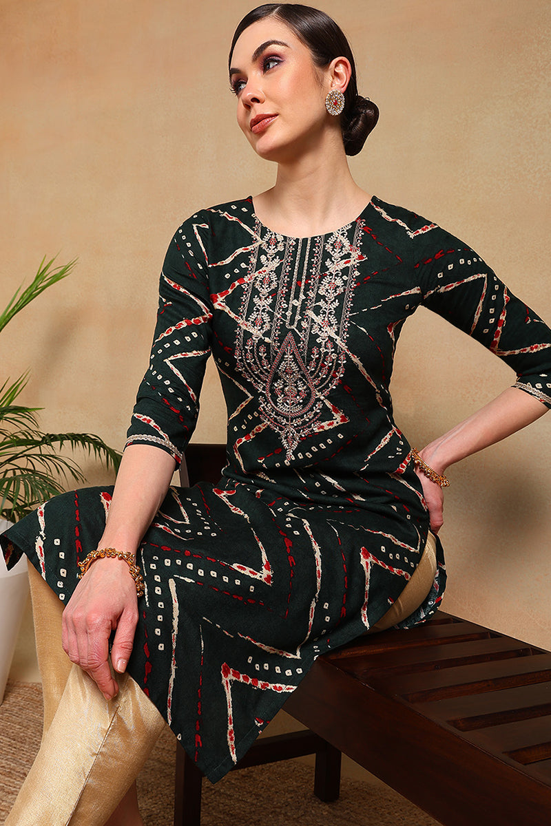ZERESOUQ-Green-Viscose-Rayon-Chevron-Printed-Straight-Kurta