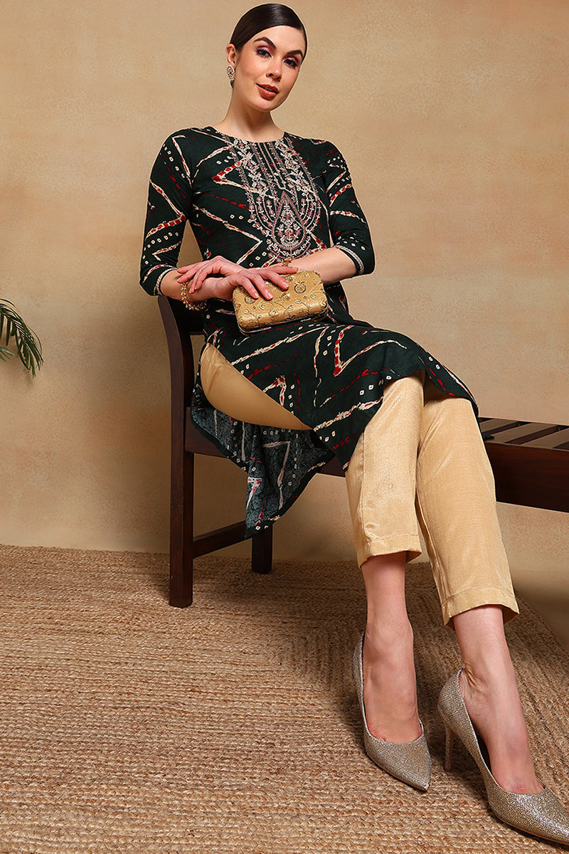 ZERESOUQ-Green-Viscose-Rayon-Chevron-Printed-Straight-Kurta