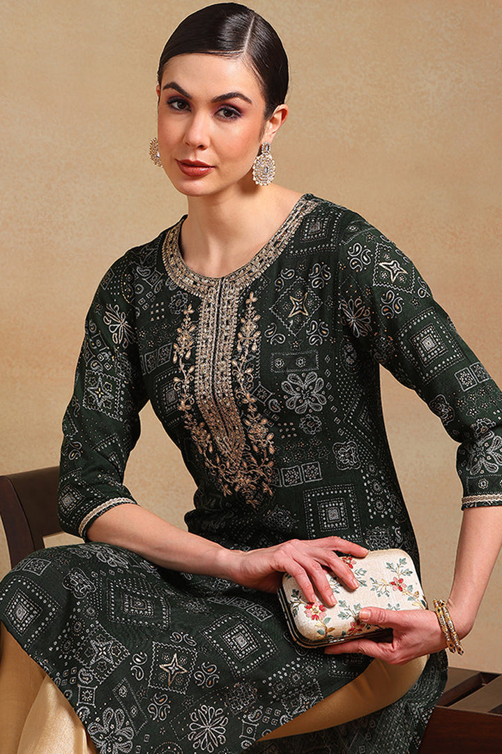 ZERESOUQ-Green-Silk-Blend-Ethnic-Motifs-Printed-Straight-Kurta