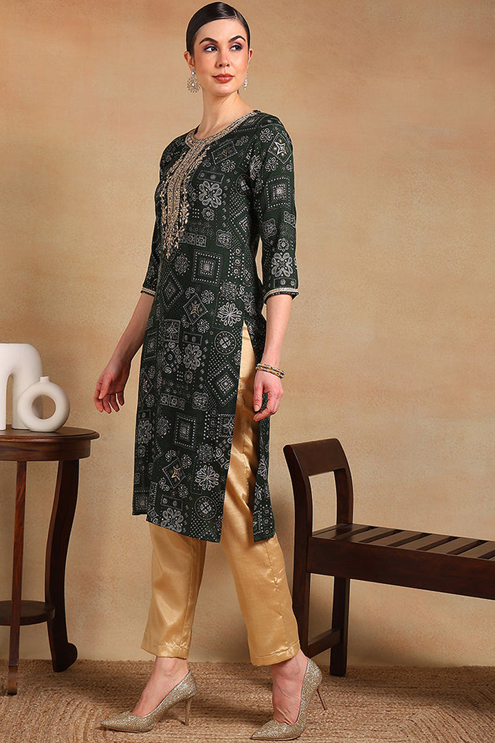 ZERESOUQ-Green-Silk-Blend-Ethnic-Motifs-Printed-Straight-Kurta