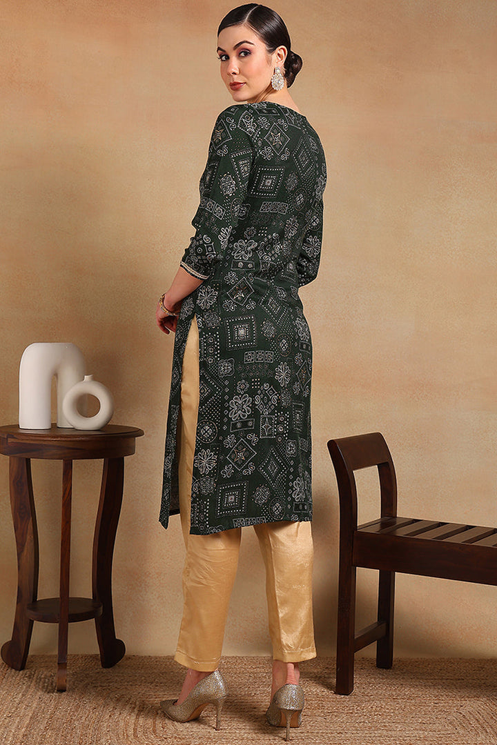 ZERESOUQ-Green-Silk-Blend-Ethnic-Motifs-Printed-Straight-Kurta