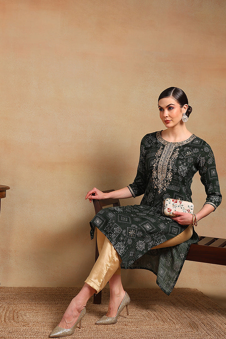 ZERESOUQ-Green-Silk-Blend-Ethnic-Motifs-Printed-Straight-Kurta