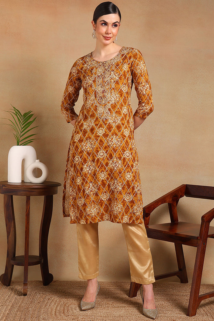 ZERESOUQ-Orange-Viscose-Rayon-Ethnic-Motifs-Printed-Straight-Kurta