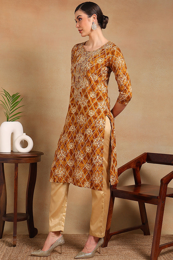 ZERESOUQ-Orange-Viscose-Rayon-Ethnic-Motifs-Printed-Straight-Kurta
