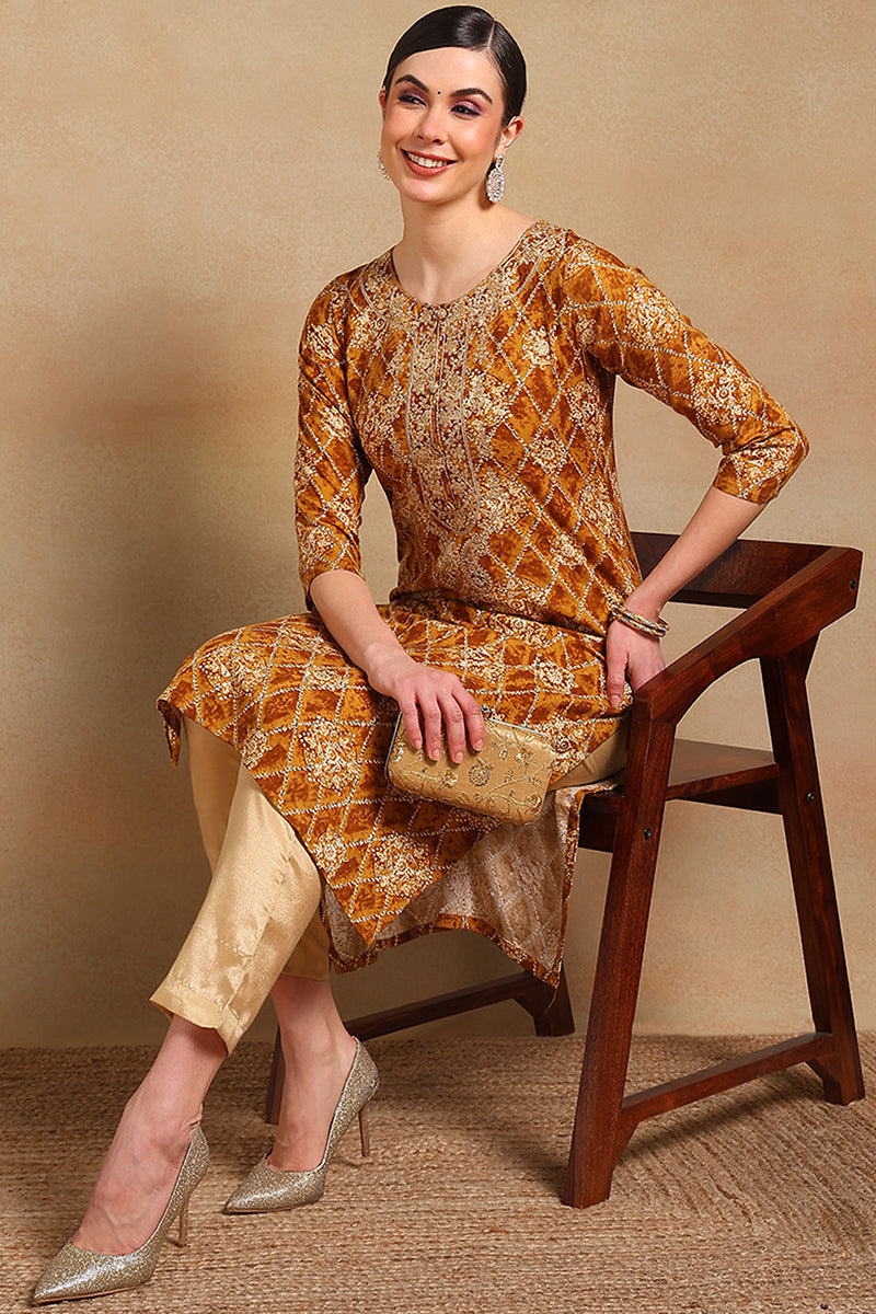 ZERESOUQ-Orange-Viscose-Rayon-Ethnic-Motifs-Printed-Straight-Kurta