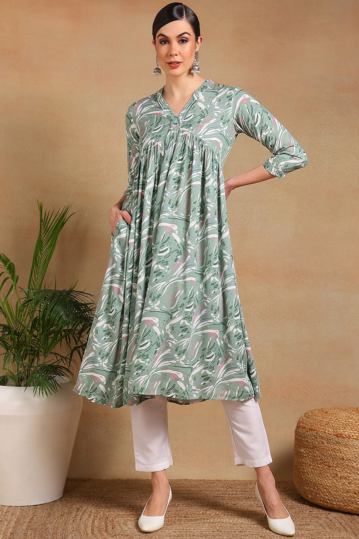 ZERESOUQ-Green-Viscose-Rayon-Floral-Printed-A-Line-Kurta