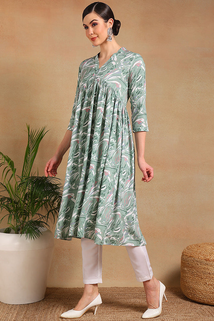 ZERESOUQ-Green-Viscose-Rayon-Floral-Printed-A-Line-Kurta