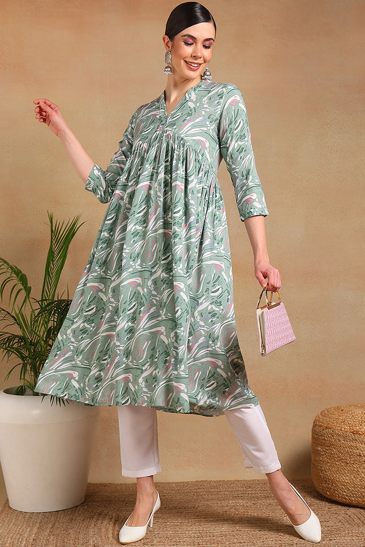 ZERESOUQ-Green-Viscose-Rayon-Floral-Printed-A-Line-Kurta