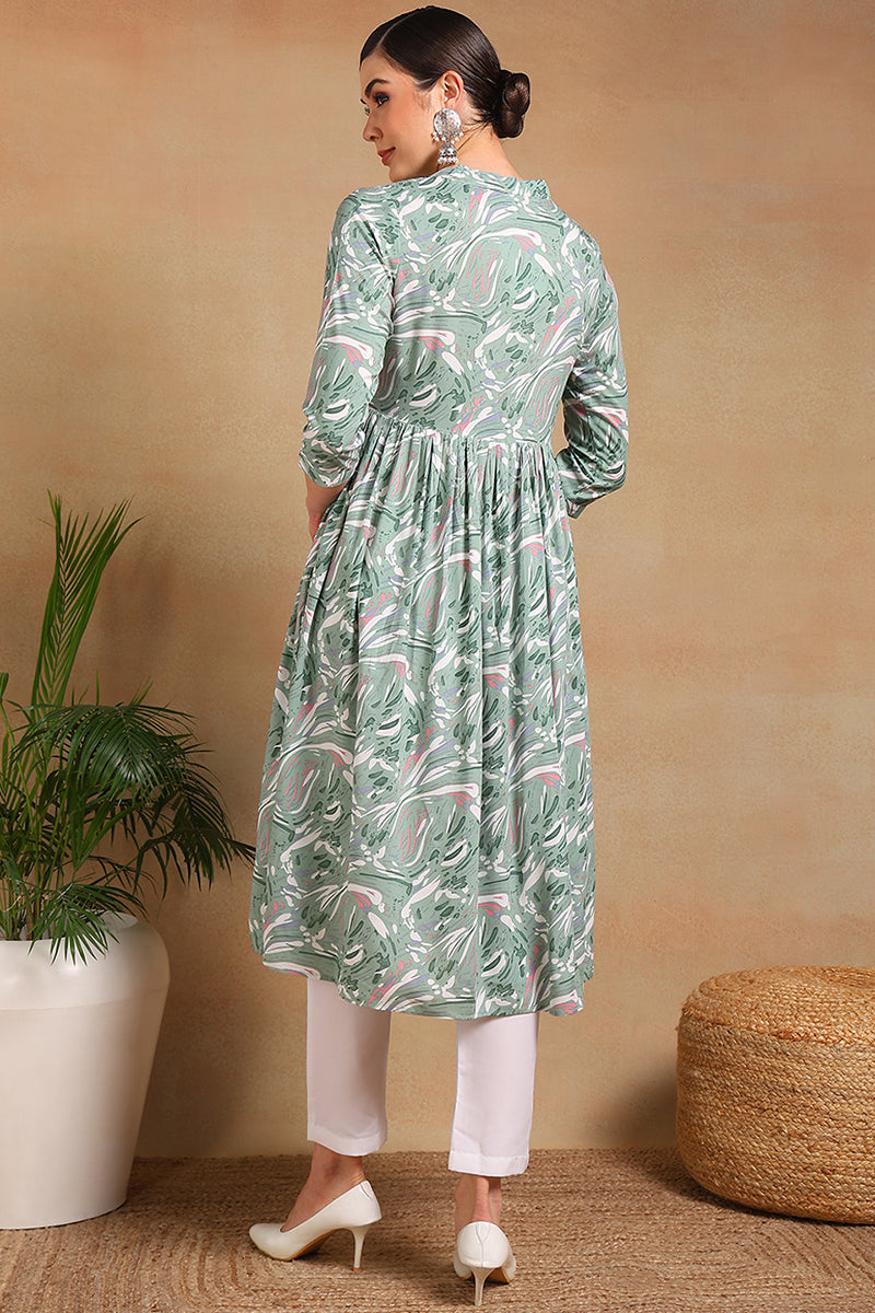 ZERESOUQ-Green-Viscose-Rayon-Floral-Printed-A-Line-Kurta