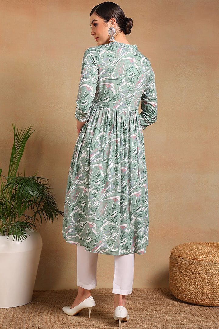 ZERESOUQ-Green-Viscose-Rayon-Floral-Printed-A-Line-Kurta