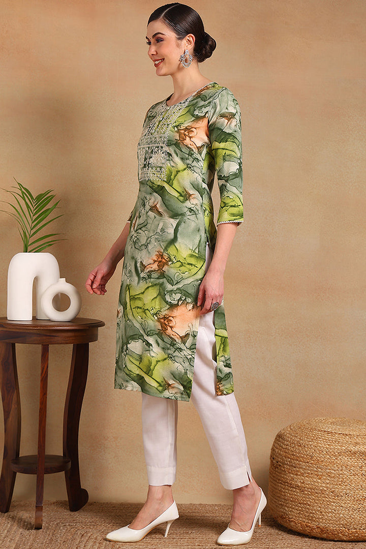 ZERESOUQ-Green-Cotton-Blend-Abstract-Printed-Straight-Kurta