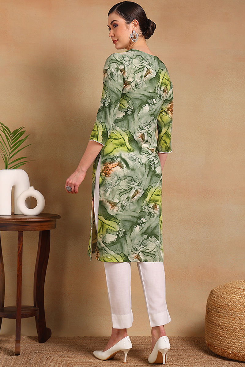 ZERESOUQ-Green-Cotton-Blend-Abstract-Printed-Straight-Kurta