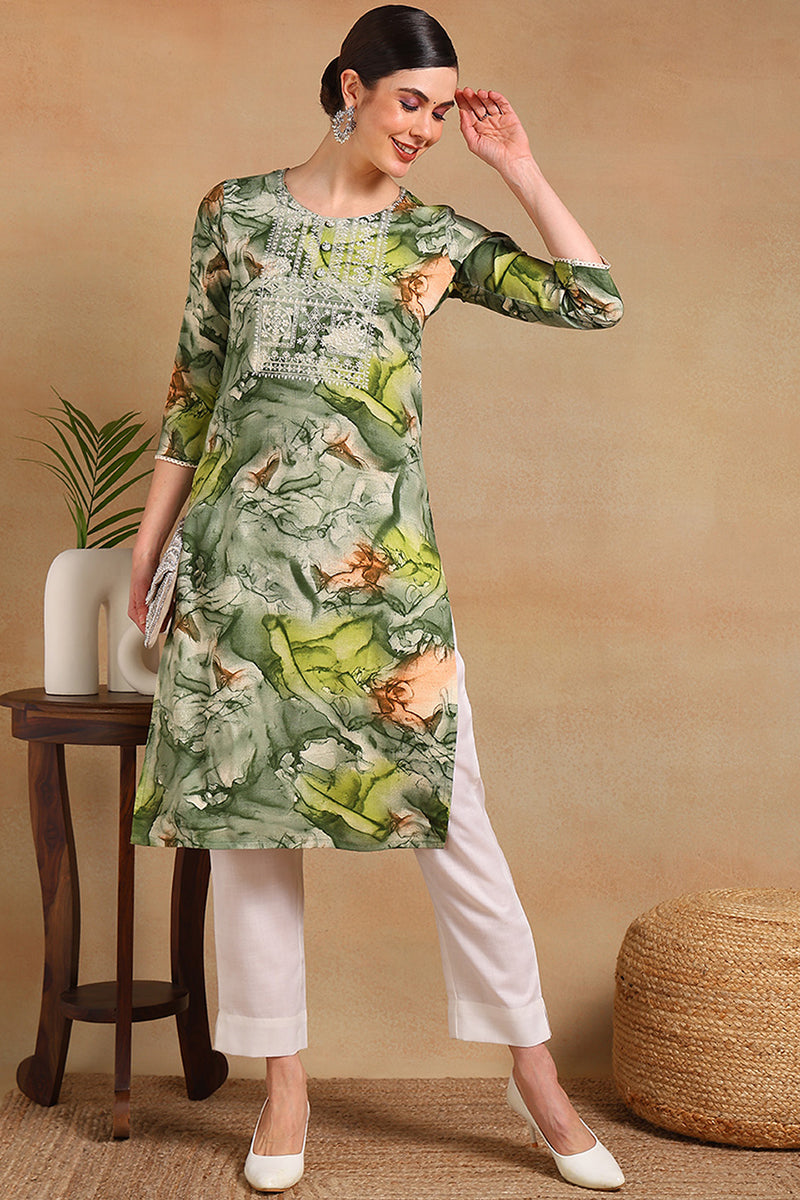 ZERESOUQ-Green-Cotton-Blend-Abstract-Printed-Straight-Kurta