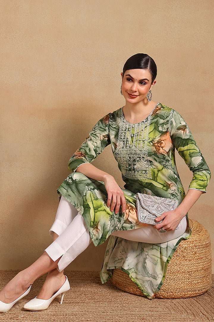 ZERESOUQ-Green-Cotton-Blend-Abstract-Printed-Straight-Kurta