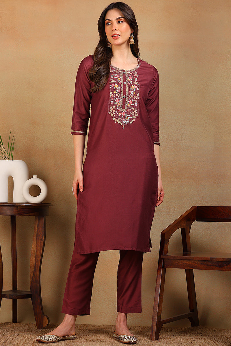 ZERESOUQ-Mauve-Silk-Blend-Solid-Embroidered-Straight-Kurta