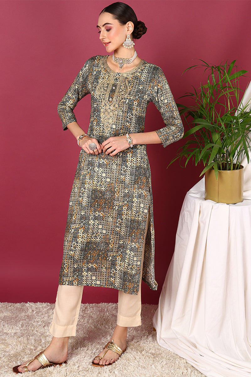 ZERESOUQ-Blue-Viscose-Rayon-Ethnic-Motifs-Printed-Straight-Kurta