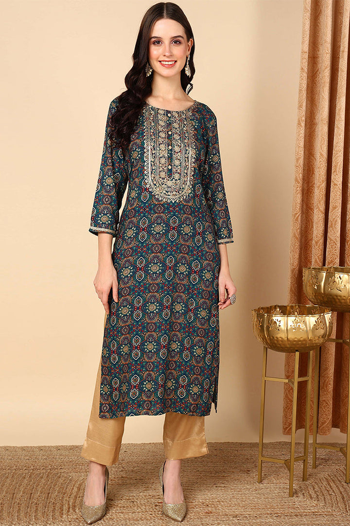 ZERESOUQ-Blue-Viscose-Rayon-Bandhani-Printed-Straight-Kurta