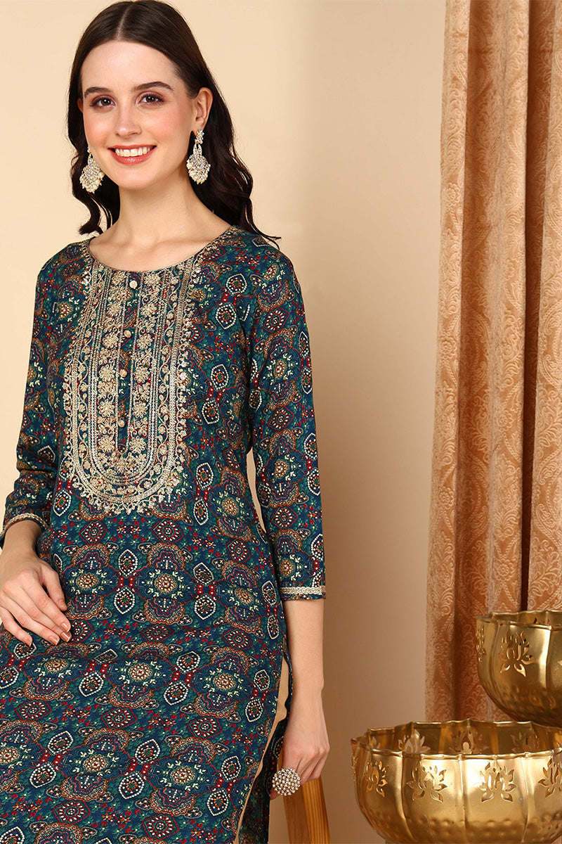 ZERESOUQ-Blue-Viscose-Rayon-Bandhani-Printed-Straight-Kurta
