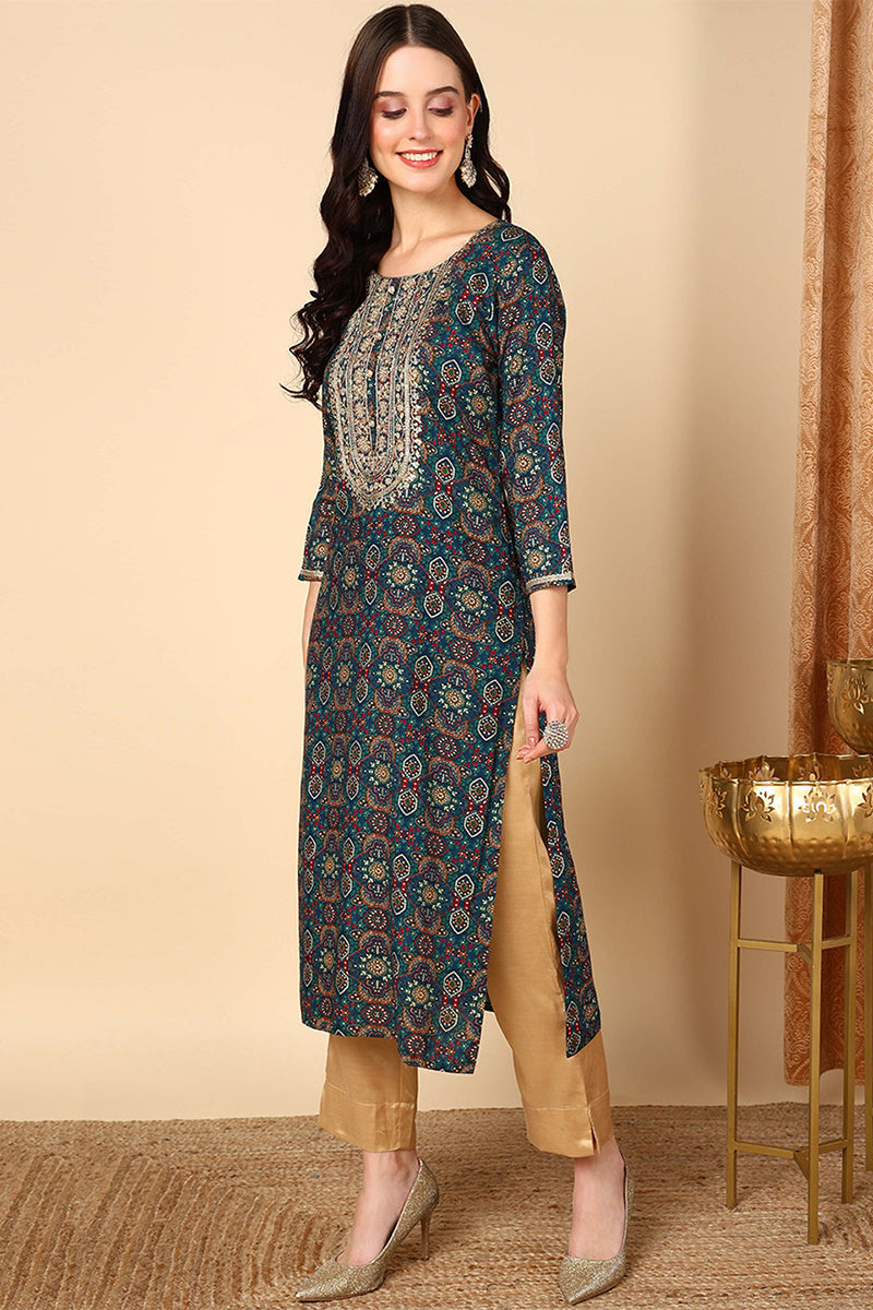 ZERESOUQ-Blue-Viscose-Rayon-Bandhani-Printed-Straight-Kurta