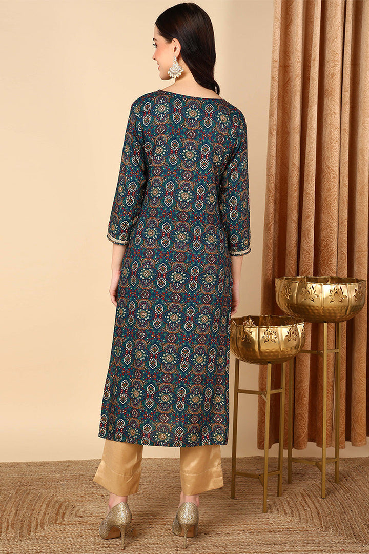 ZERESOUQ-Blue-Viscose-Rayon-Bandhani-Printed-Straight-Kurta