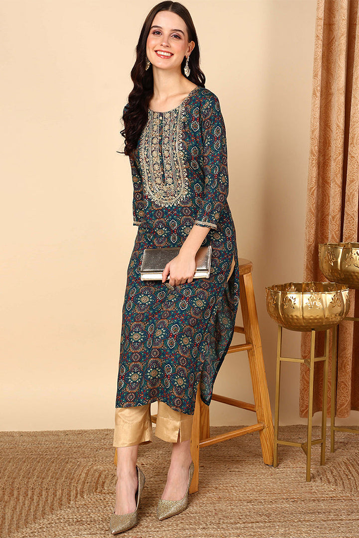 ZERESOUQ-Blue-Viscose-Rayon-Bandhani-Printed-Straight-Kurta