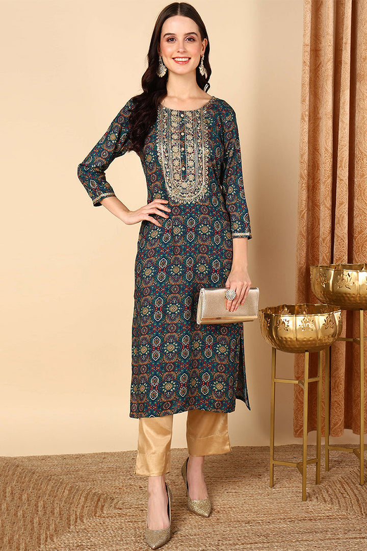 ZERESOUQ-Blue-Viscose-Rayon-Bandhani-Printed-Straight-Kurta