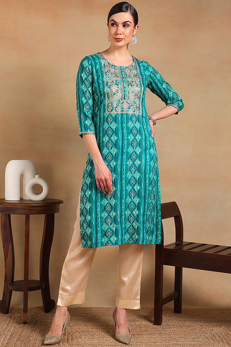 ZERESOUQ-Turquoise-Blue-Viscose-Rayon-Ethnic-Motifs-Printed-Kurta