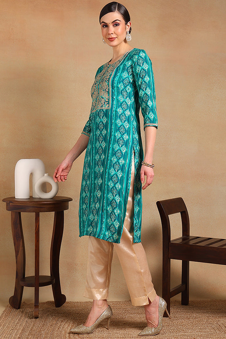 ZERESOUQ-Turquoise-Blue-Viscose-Rayon-Ethnic-Motifs-Printed-Kurta