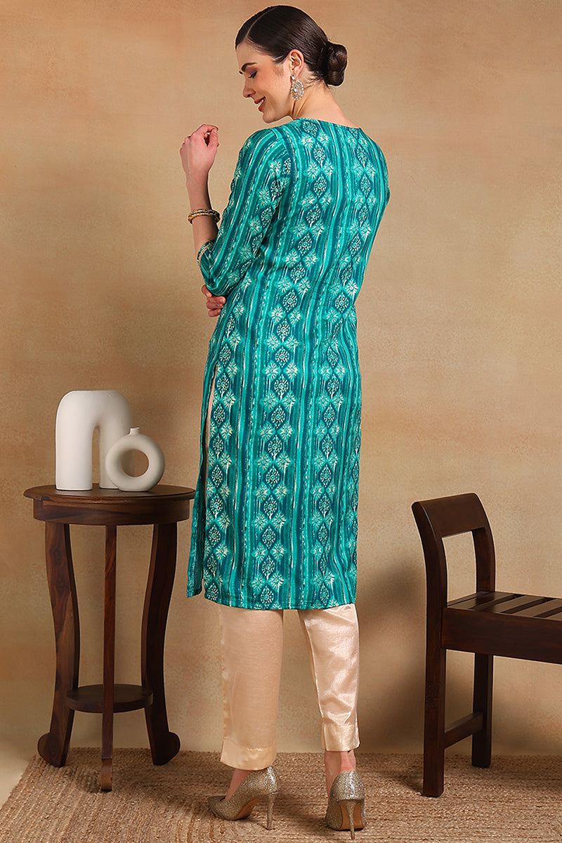 ZERESOUQ-Turquoise-Blue-Viscose-Rayon-Ethnic-Motifs-Printed-Kurta