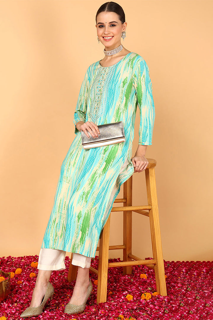 ZERESOUQ-Turquoise-Blue-Viscose-Rayon-Abstract-Print-Straight-Kurta