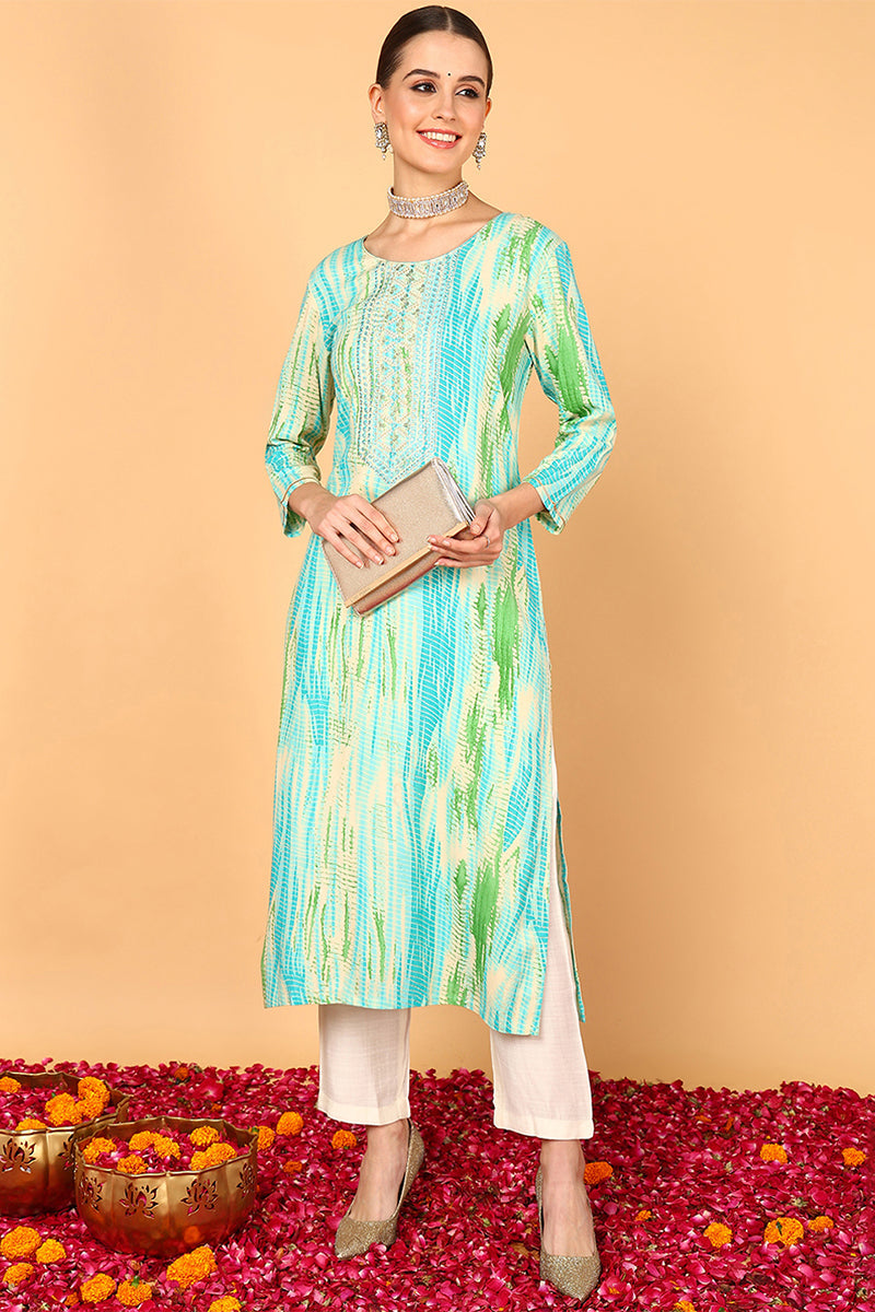 ZERESOUQ-Turquoise-Blue-Viscose-Rayon-Abstract-Print-Straight-Kurta