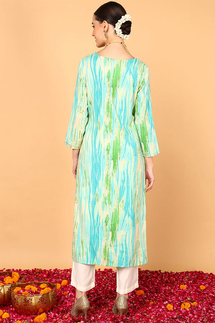 ZERESOUQ-Turquoise-Blue-Viscose-Rayon-Abstract-Print-Straight-Kurta