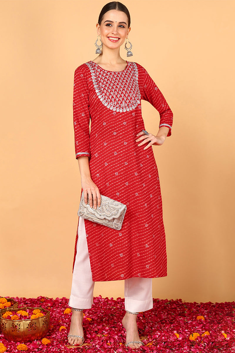 ZERESOUQ-Red-Cotton-Leheriya-Printed-Straight-Kurta