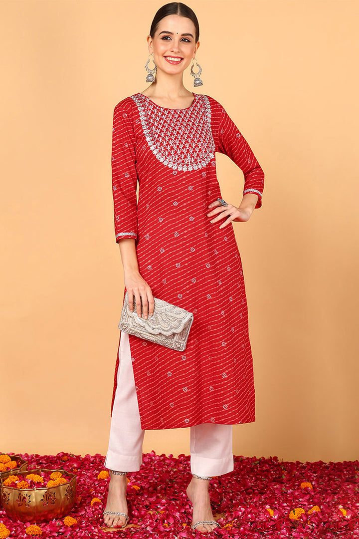 ZERESOUQ-Red-Cotton-Leheriya-Printed-Straight-Kurta